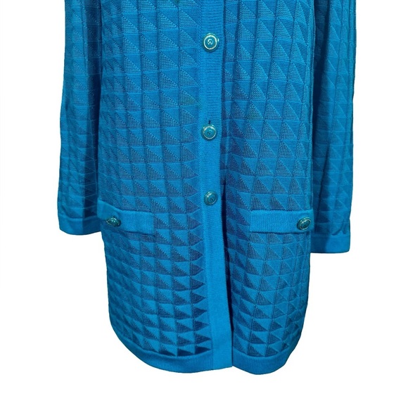 St. John Collection Textured Triangle Long Cardigan Sweater Jacket in Turquoise - Picture 2 of 7